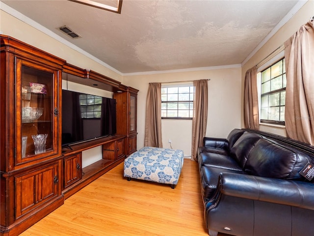 living room with ornamental molding, a textured ceiling, and light wood-type flooring