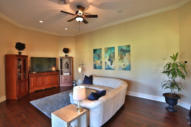 living room featuring dark wood-type flooring, ceiling fan, and ornamental molding