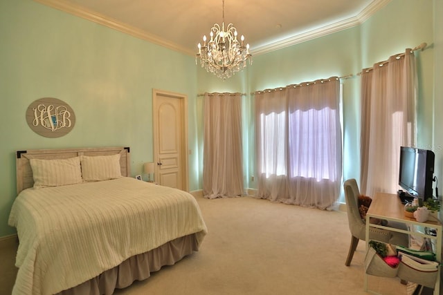 bedroom featuring ornamental molding, carpet, and an inviting chandelier