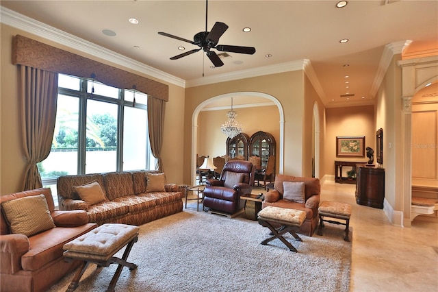 living room featuring ceiling fan and ornamental molding