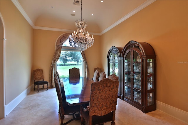 dining space featuring an inviting chandelier and crown molding