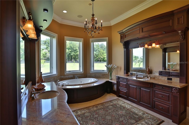 bathroom featuring crown molding, vanity, a tub, and an inviting chandelier