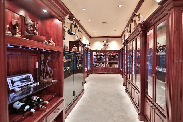 wine cellar with crown molding