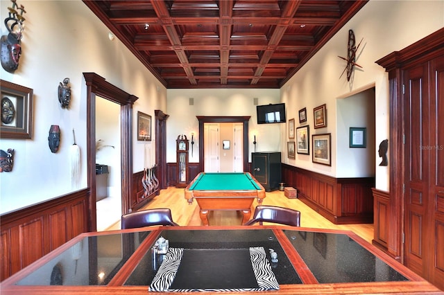 playroom featuring beamed ceiling, pool table, coffered ceiling, and light wood-type flooring