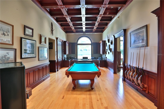 rec room with billiards, beamed ceiling, light wood-type flooring, and coffered ceiling