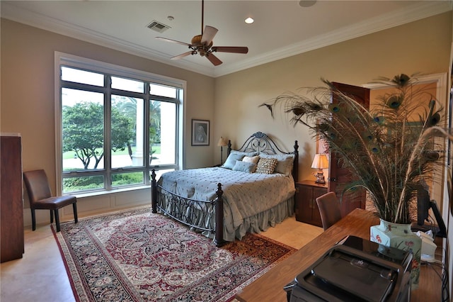 bedroom featuring ceiling fan and ornamental molding