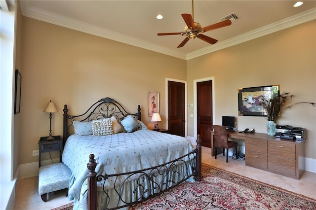 bedroom with ceiling fan and crown molding