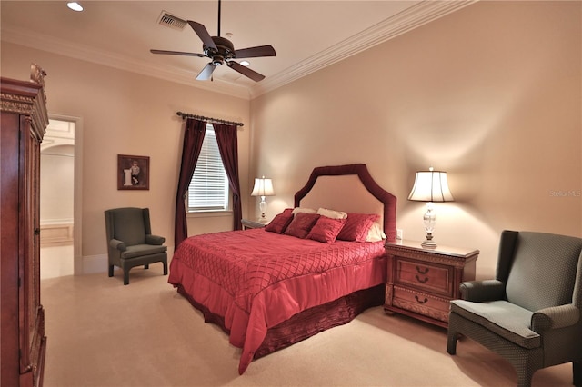 carpeted bedroom with ceiling fan and crown molding