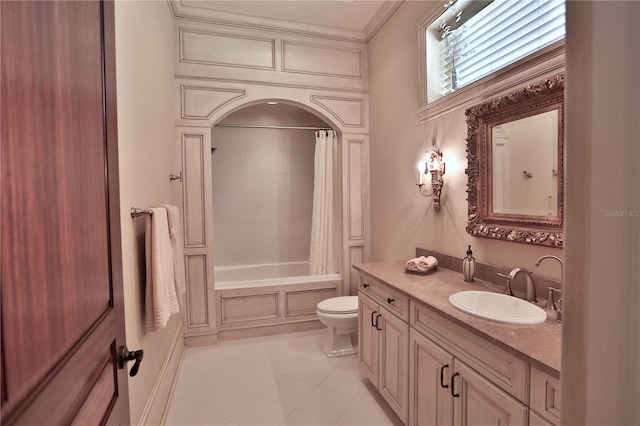 full bathroom with ornamental molding, vanity, tile patterned flooring, toilet, and shower / tub combo with curtain