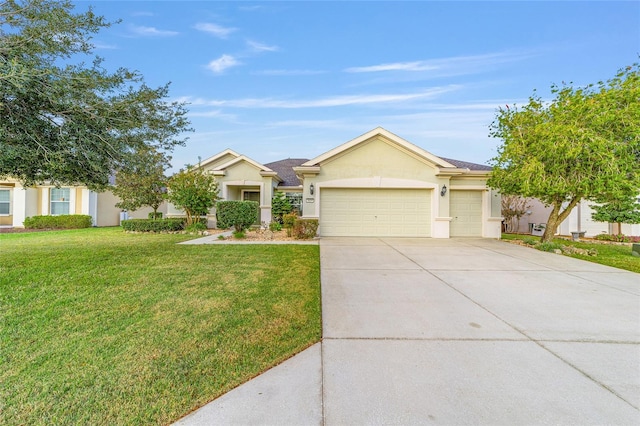 ranch-style house featuring a front yard and a garage