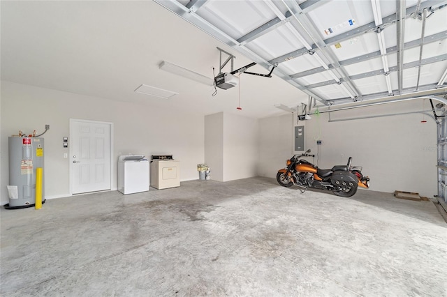 garage with separate washer and dryer, water heater, electric panel, and a garage door opener