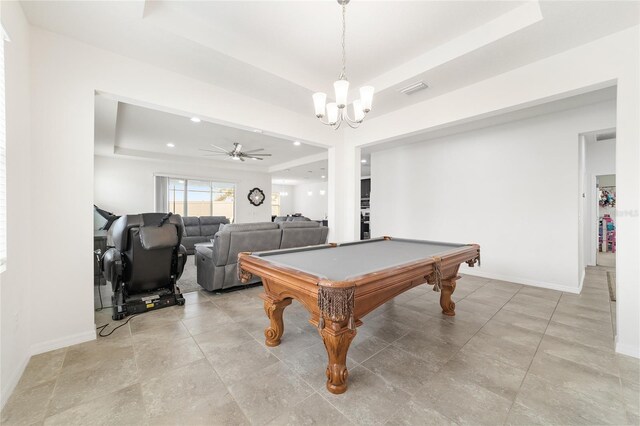 recreation room featuring ceiling fan, a raised ceiling, and billiards