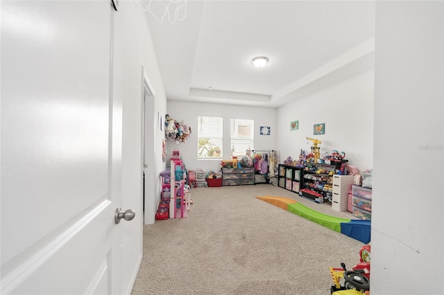 recreation room with a tray ceiling and carpet flooring