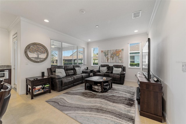 tiled living room featuring crown molding and a textured ceiling