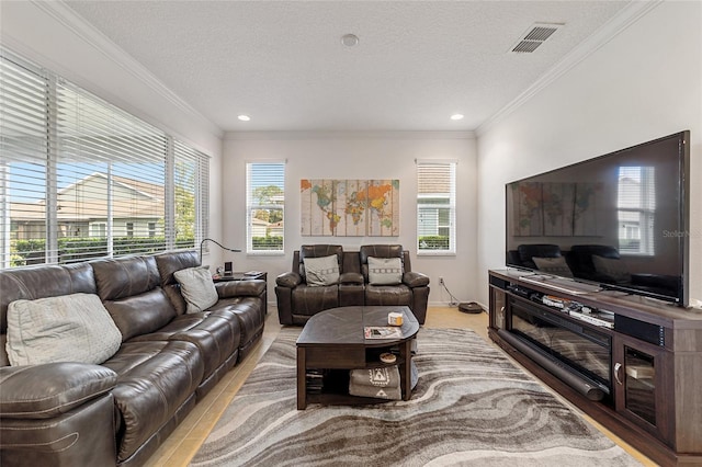 living room featuring crown molding, a textured ceiling, and light hardwood / wood-style flooring