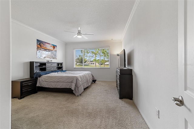 bedroom with light carpet, ornamental molding, a textured ceiling, and ceiling fan