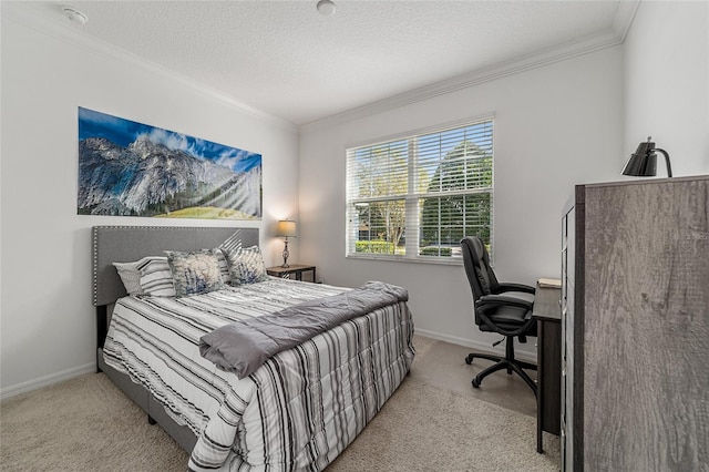 bedroom featuring crown molding, a textured ceiling, and light colored carpet