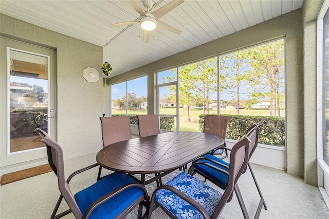 sunroom / solarium with wood ceiling, plenty of natural light, and ceiling fan