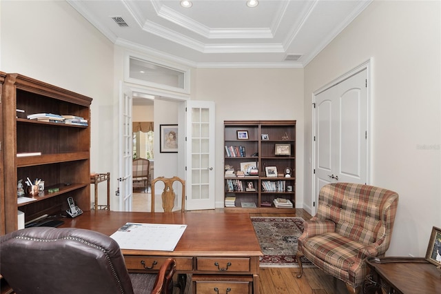 office with a tray ceiling, wood-type flooring, crown molding, and french doors