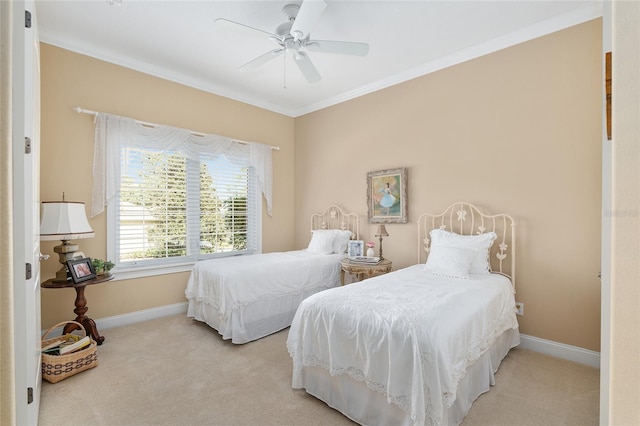 bedroom with ornamental molding, light carpet, and ceiling fan