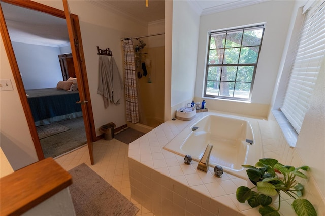 bathroom featuring ornamental molding and separate shower and tub