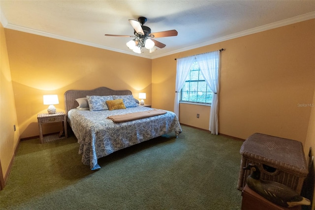 carpeted bedroom with ornamental molding and ceiling fan