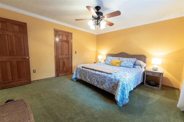 carpeted bedroom with ceiling fan and crown molding