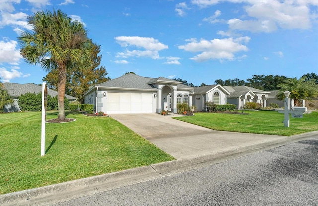 ranch-style home featuring a garage and a front yard