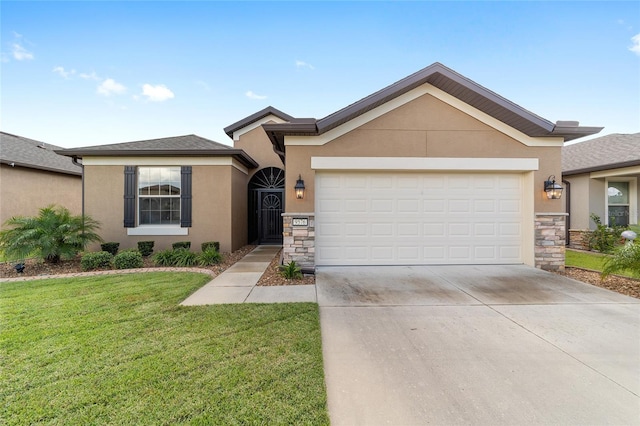 single story home with a garage and a front lawn