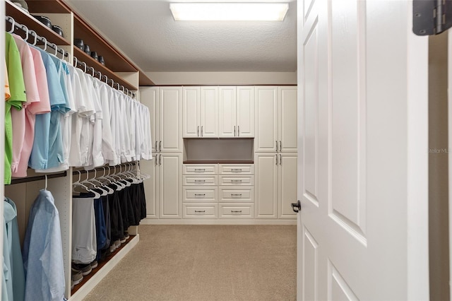 spacious closet featuring light carpet