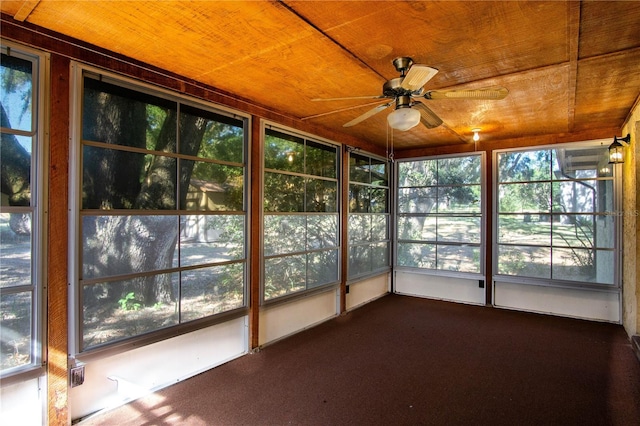 unfurnished sunroom with ceiling fan and wood ceiling