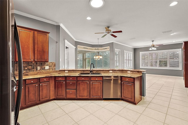 kitchen featuring sink, light tile patterned floors, ornamental molding, backsplash, and appliances with stainless steel finishes