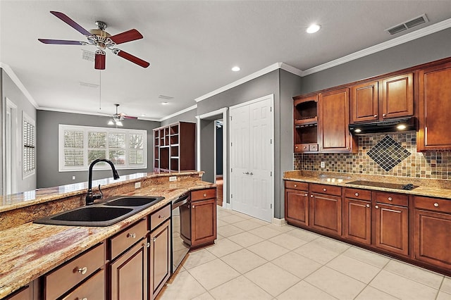 kitchen with light tile patterned flooring, ornamental molding, sink, stainless steel dishwasher, and black electric cooktop