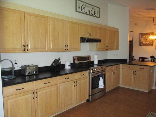 kitchen featuring electric stove, light brown cabinets, and dark wood-type flooring