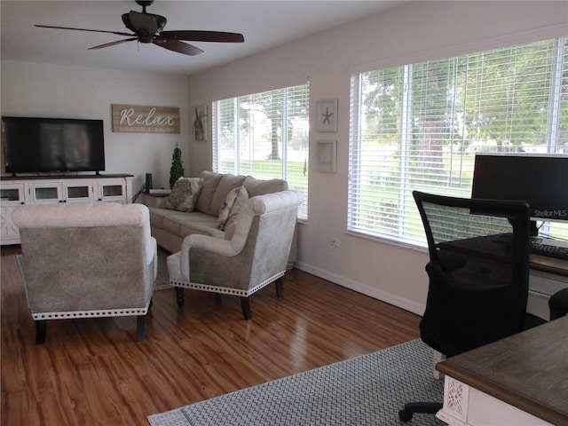 living room featuring hardwood / wood-style flooring, plenty of natural light, and ceiling fan