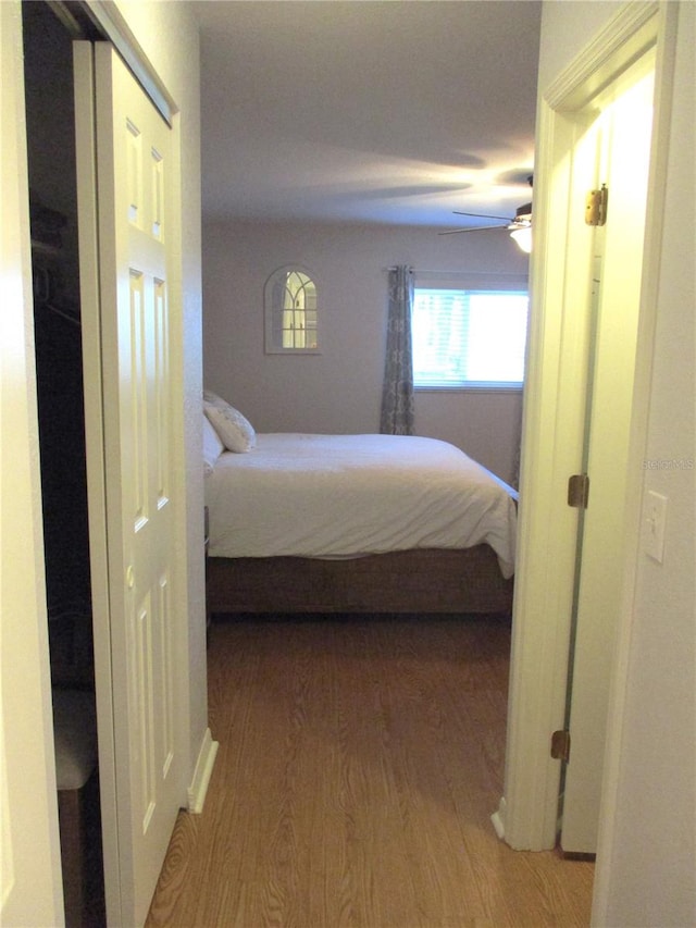 bedroom with hardwood / wood-style floors and ceiling fan