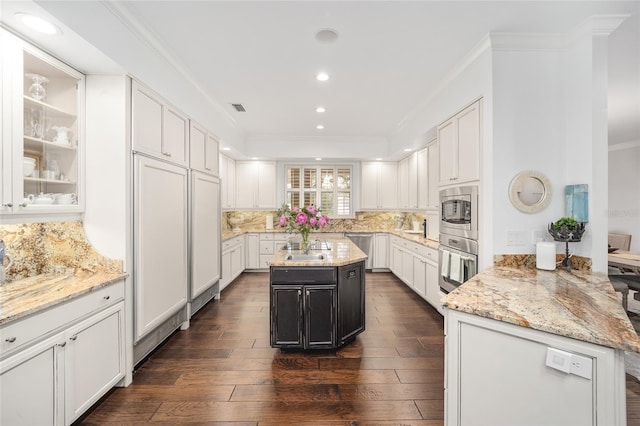 kitchen with white cabinetry, light stone counters, appliances with stainless steel finishes, backsplash, and dark hardwood / wood-style flooring