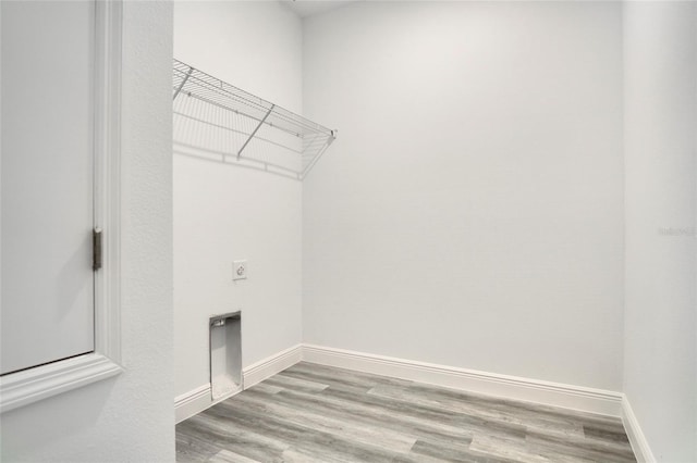 laundry room with electric dryer hookup and hardwood / wood-style floors