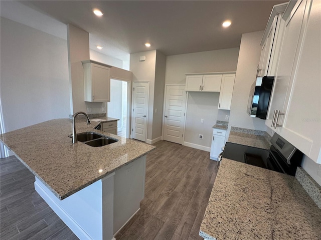 4489 SW 90th Pl, Ocala, FL 34476 - kitchen featuring a sink, appliances with stainless steel finishes, light stone counters, a peninsula, and dark wood-type flooring