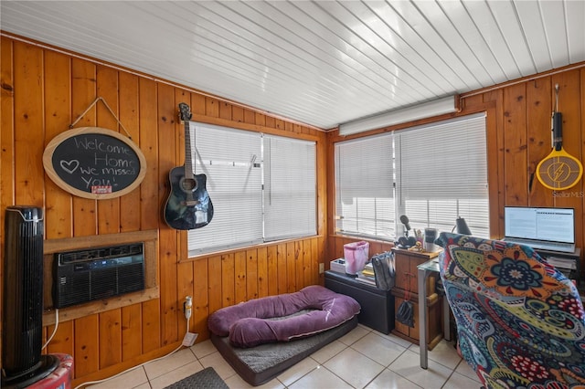 sunroom / solarium featuring a wall unit AC and wood ceiling