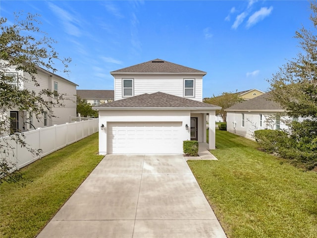 view of front of property featuring a front lawn and a garage