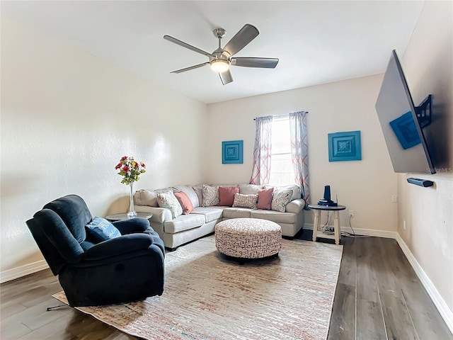 living room with ceiling fan and wood-type flooring