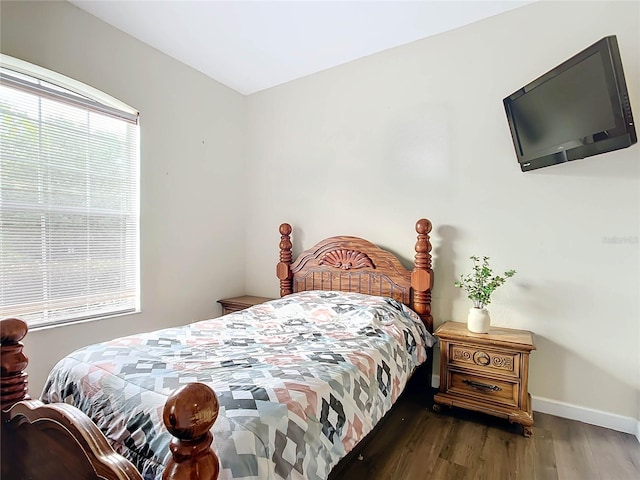 bedroom with dark hardwood / wood-style floors and multiple windows