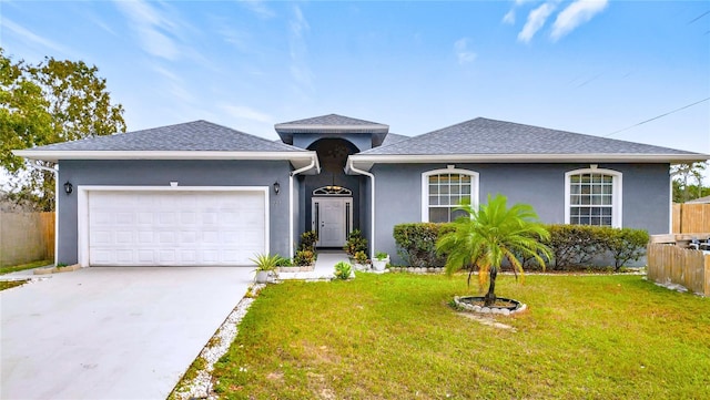 view of front of property featuring a front lawn and a garage