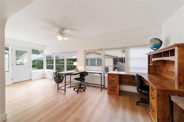 office space with ceiling fan and light hardwood / wood-style flooring