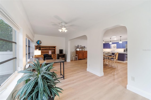 office space featuring ceiling fan and light wood-type flooring