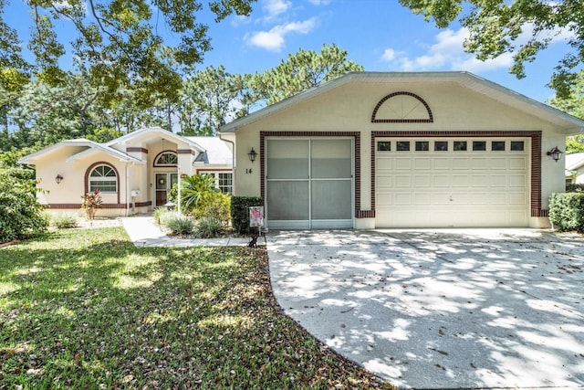 ranch-style house with a garage and a front lawn