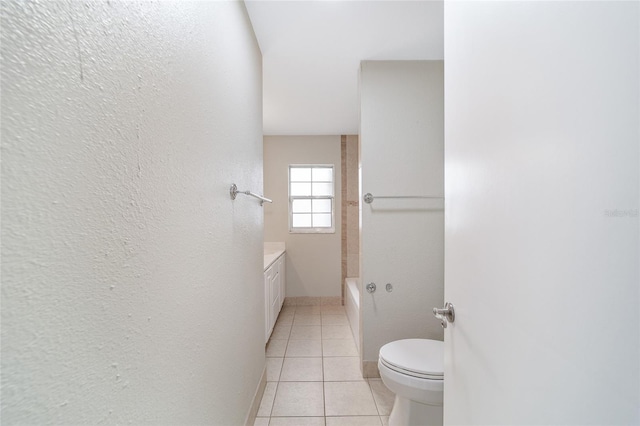 full bathroom featuring vanity, independent shower and bath, tile patterned flooring, and toilet