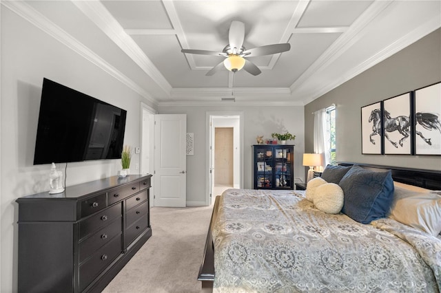 carpeted bedroom featuring connected bathroom, ceiling fan, and crown molding