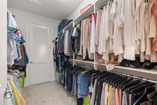 walk in closet with light carpet